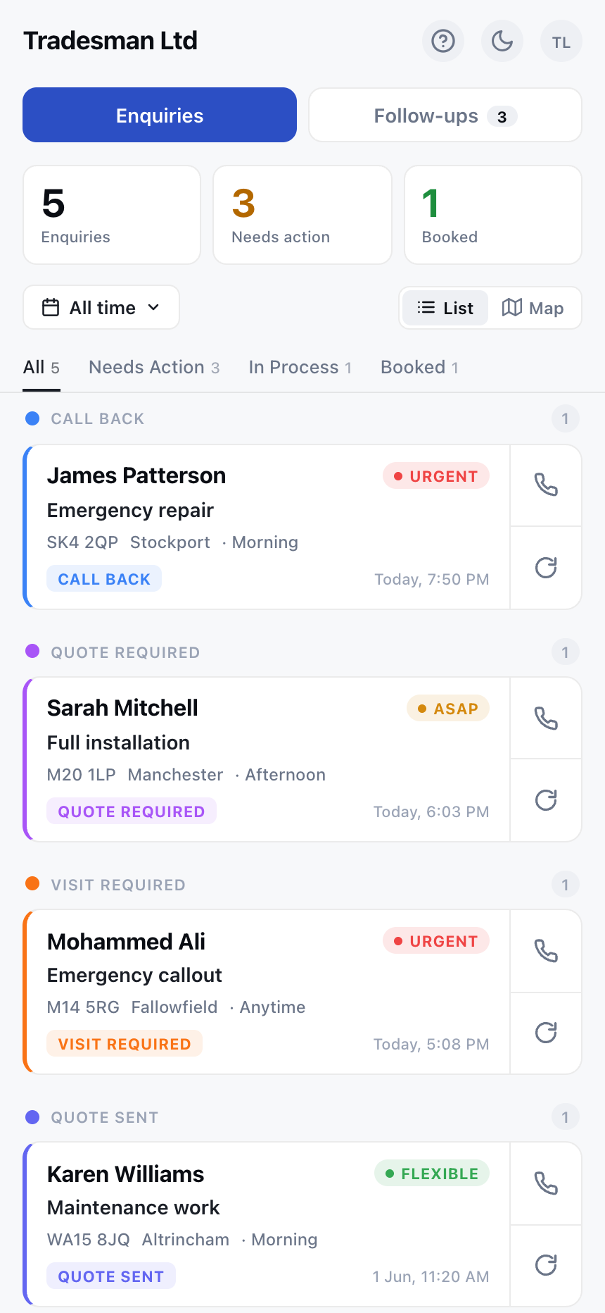 BackIn5 dashboard - enquiry list grouped by action tag