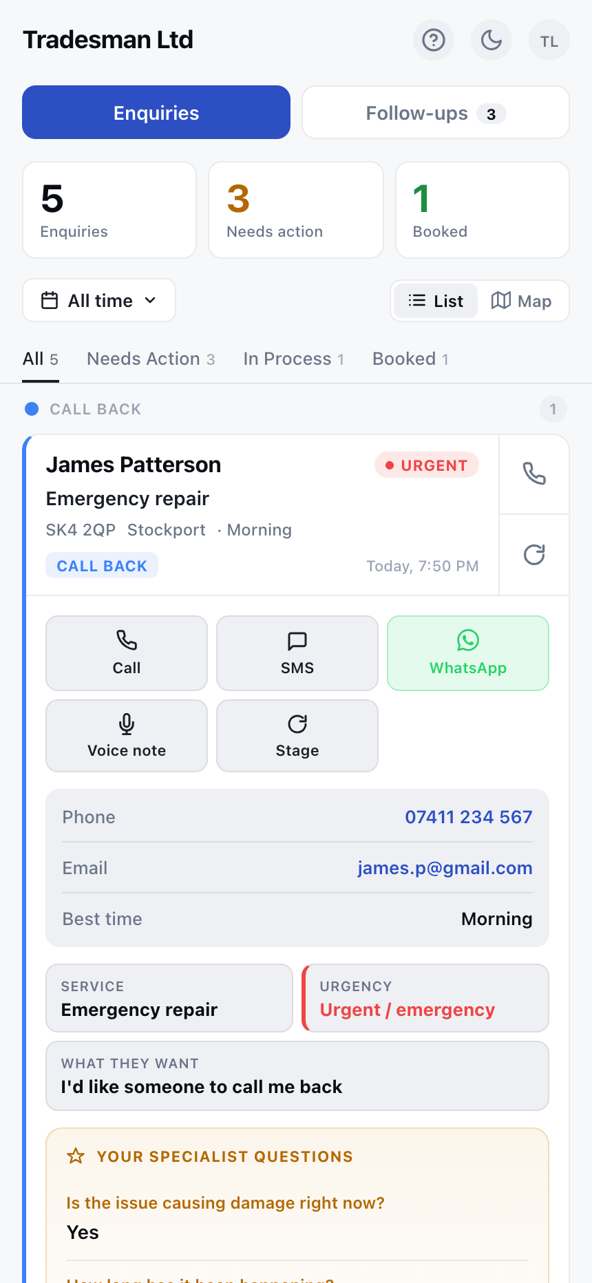 Expanded enquiry card with call, SMS, WhatsApp, voice note buttons