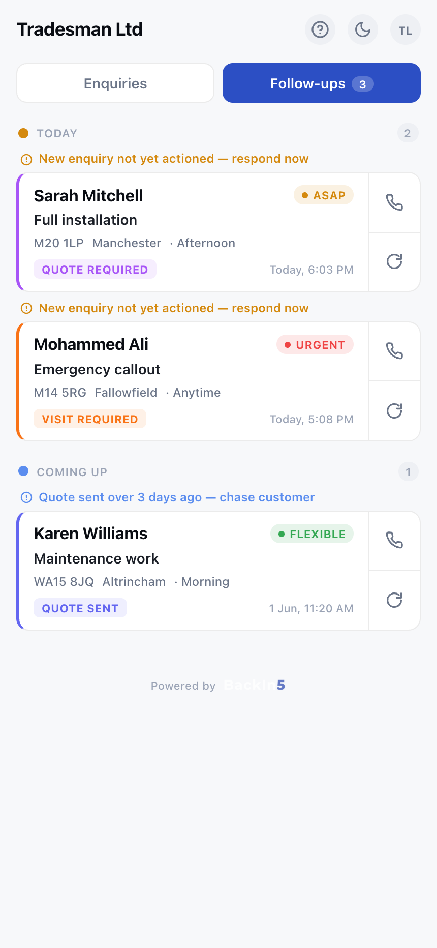Follow-ups tab with overdue and today reminders