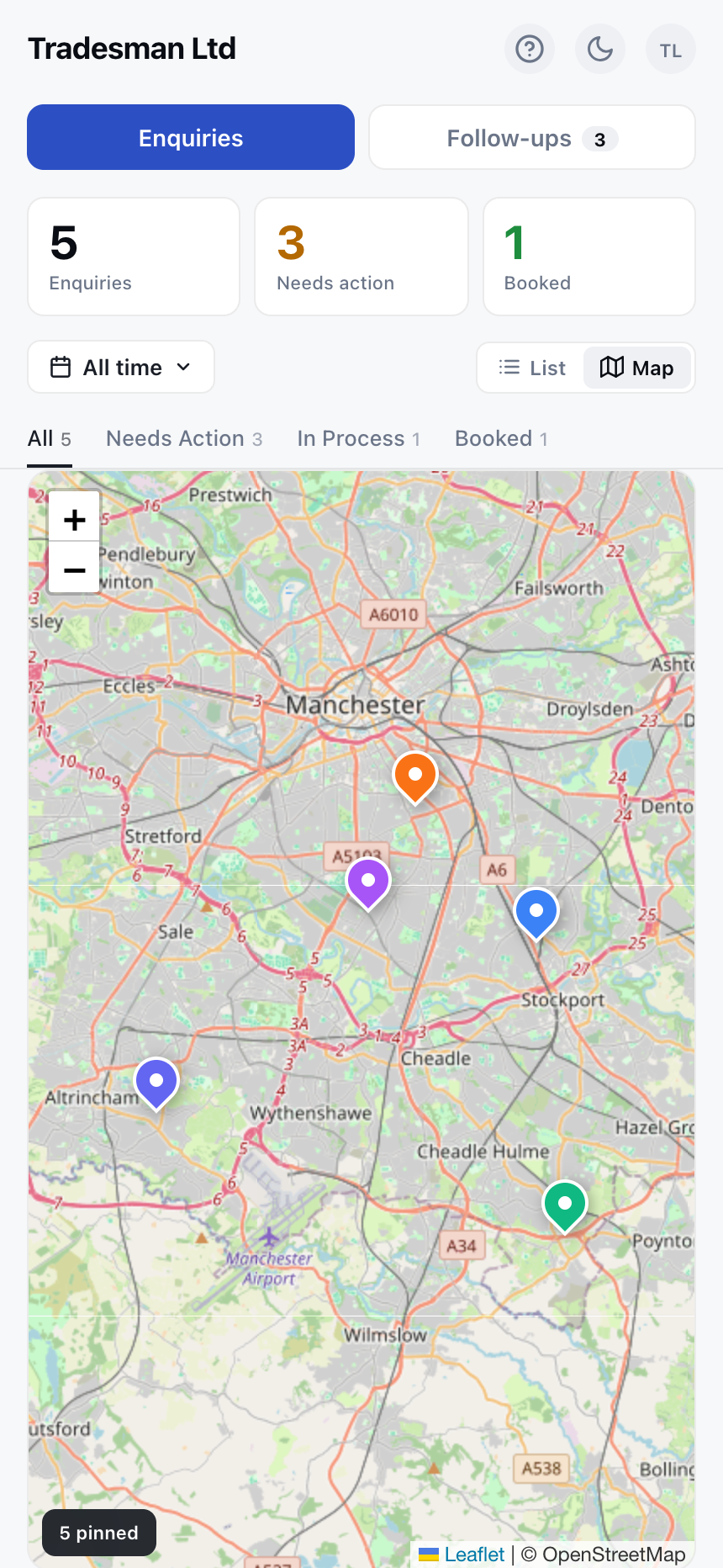 BackIn5 dashboard - map view with colour-coded job pins